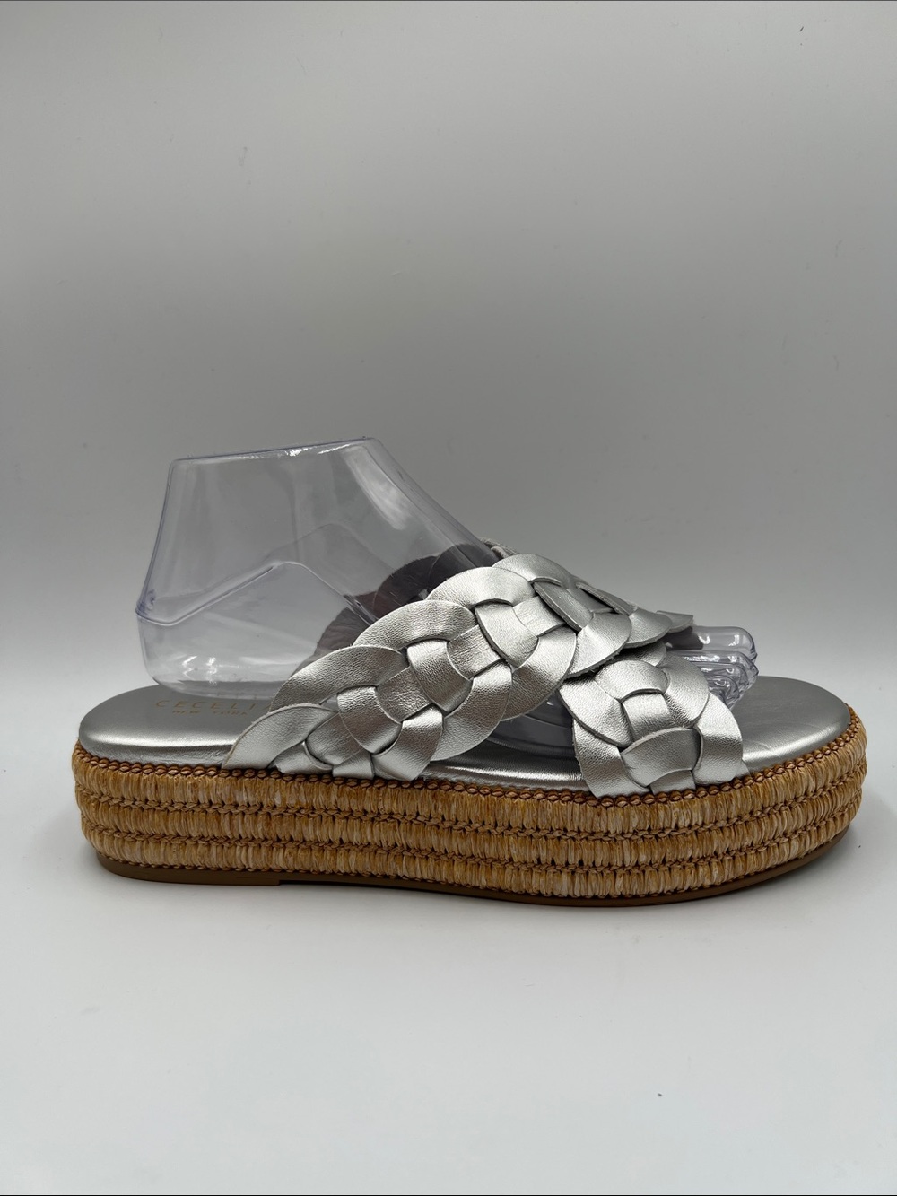 Cecelia Gester platform slide sandal shoe silver metallic crisscross braided 9.5